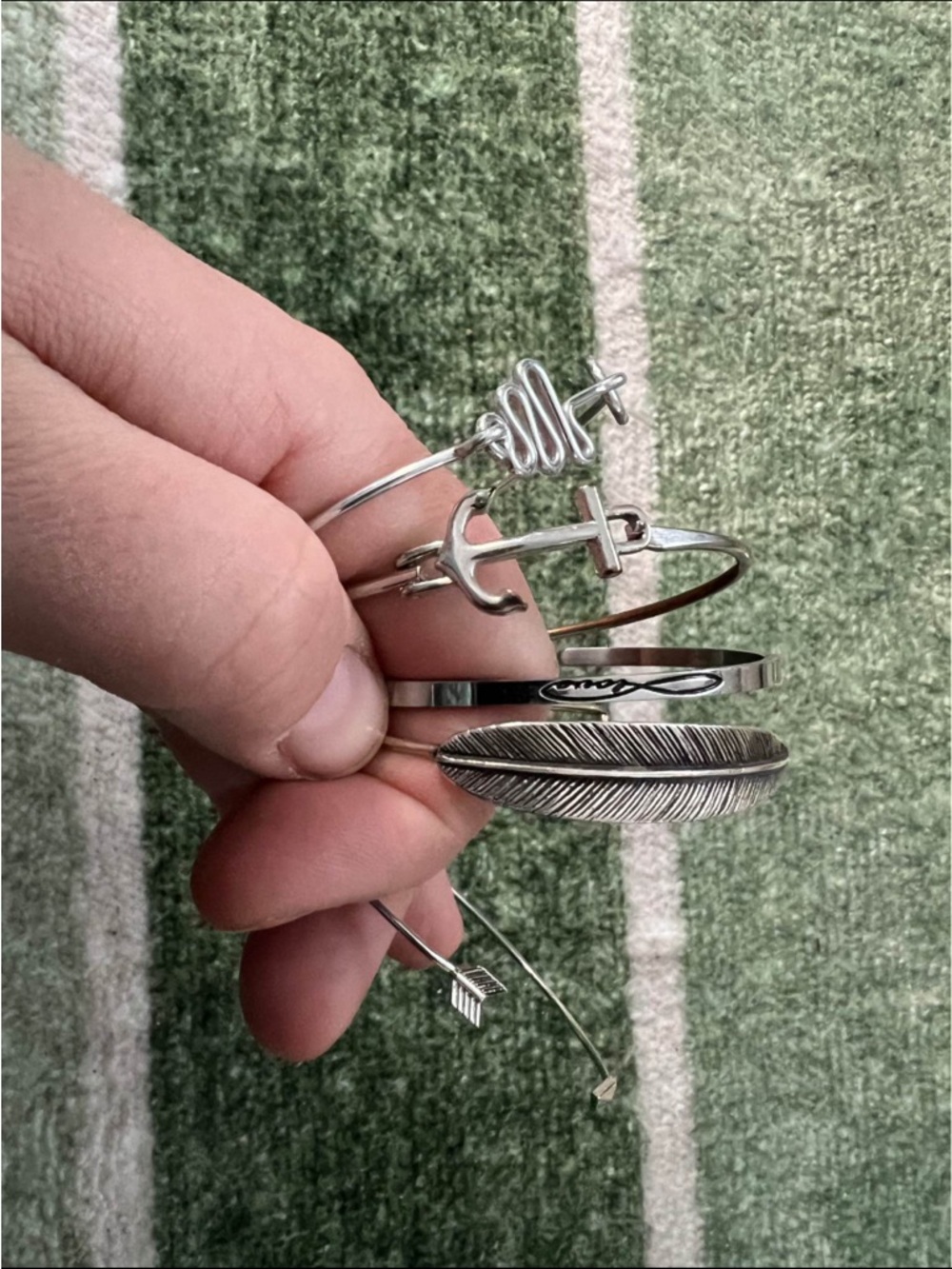 Sterling Silver Tone Feather & Anchor Stackable Bracelet Set